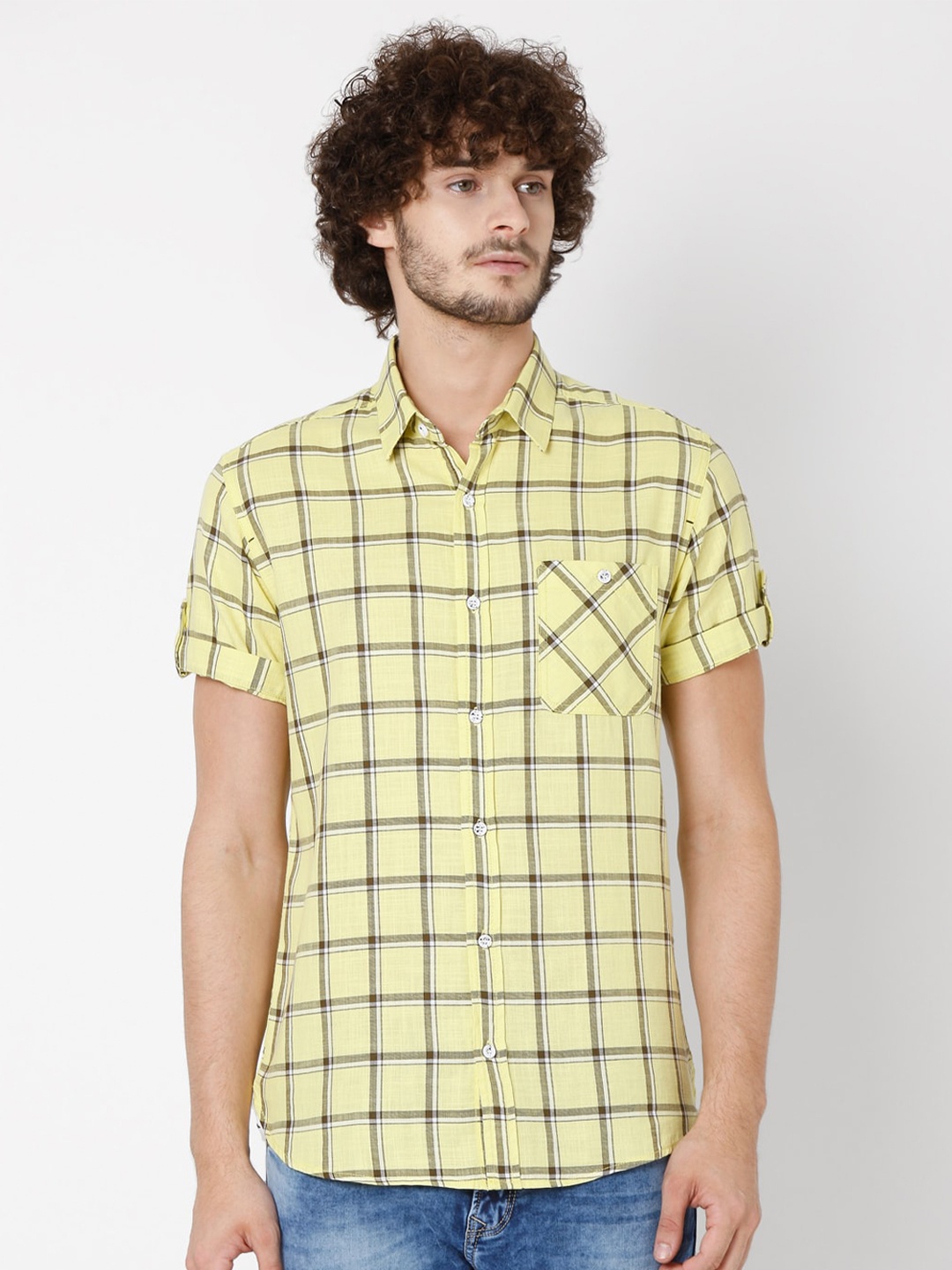 

Mufti Men Lime Green Slim Fit Windowpane Checks Checked Casual Shirt