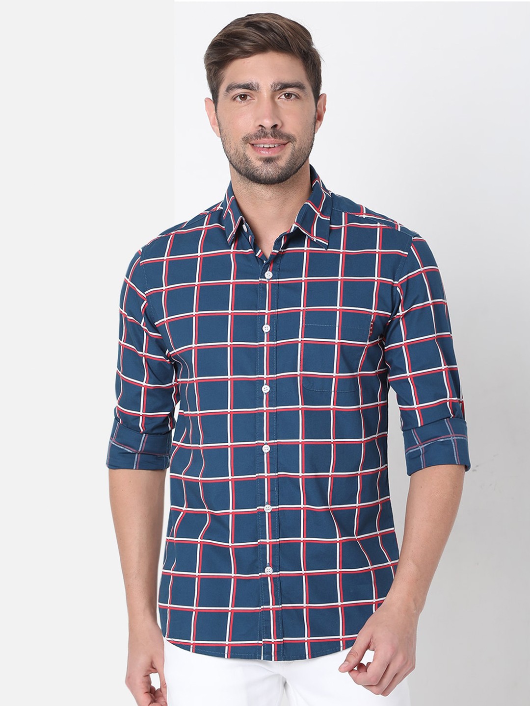 

Mufti Men Navy Blue Slim Fit Windowpane Checks Checked Casual Shirt
