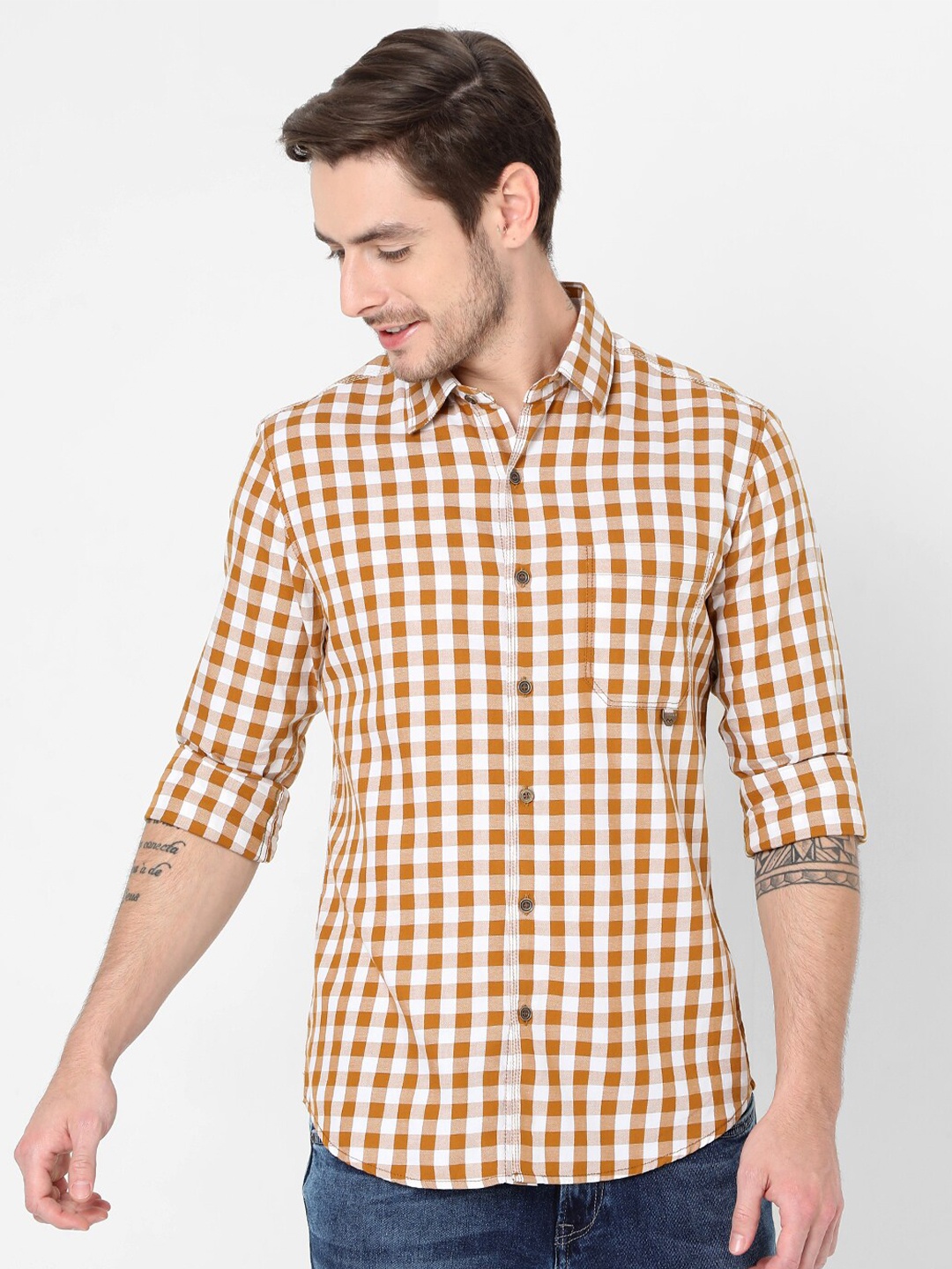 

Mufti Men Khaki Slim Fit Gingham Checks Checked Casual Shirt