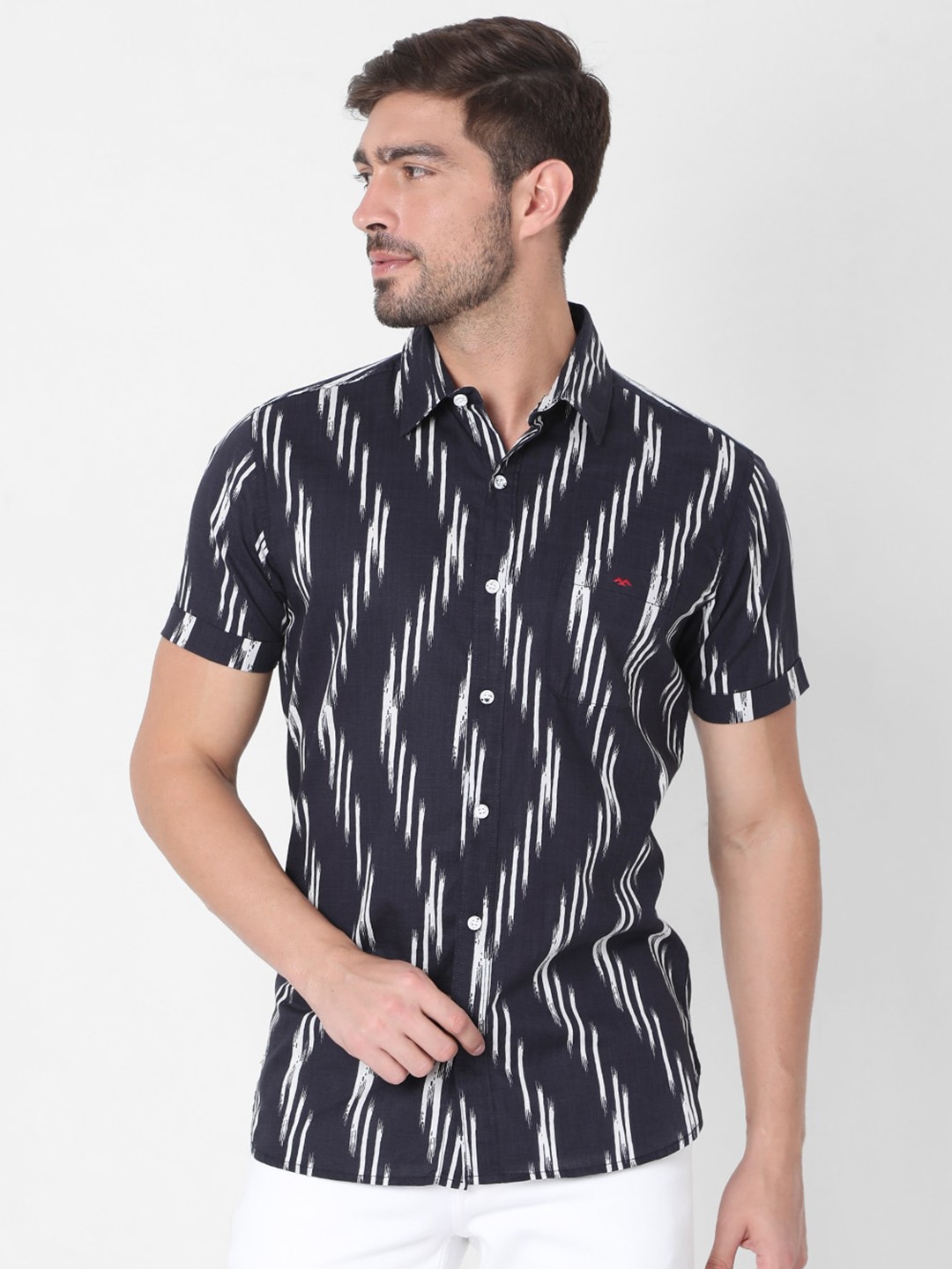 

Mufti Men Navy Blue Slim Fit Striped Cotton Casual Shirt