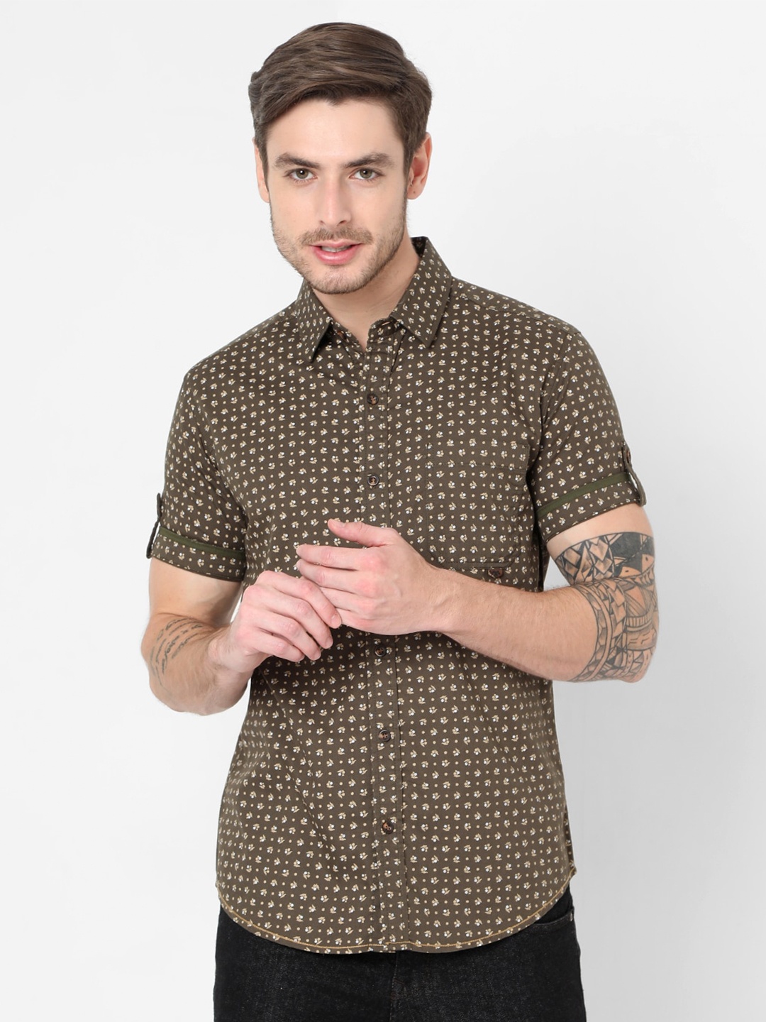 

Mufti Men Plus Size Olive Green Slim Fit Micro Ditsy Printed Cotton Casual Shirt