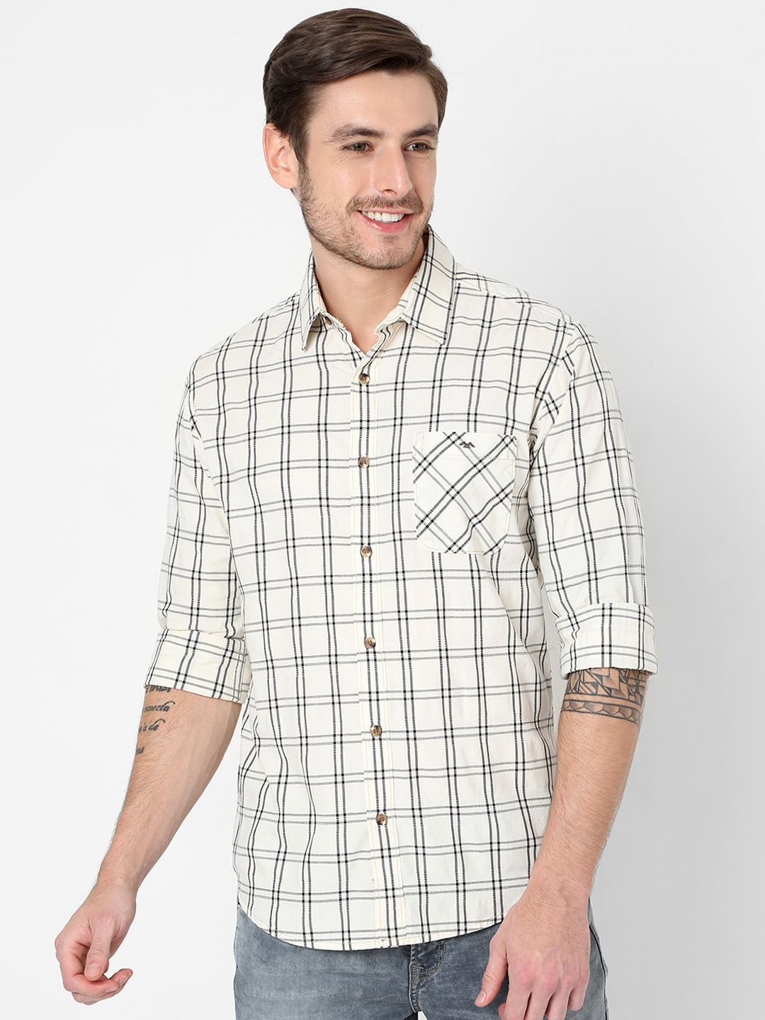 

Mufti Men Beige Slim Fit Checked Casual Shirt
