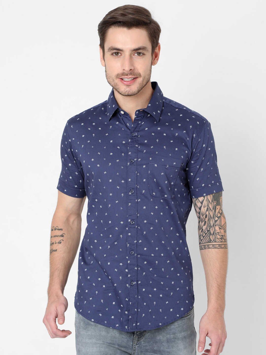 

Mufti Men Blue Plus Size Micro Ditsy Slim Fit Printed Cotton Casual Shirt