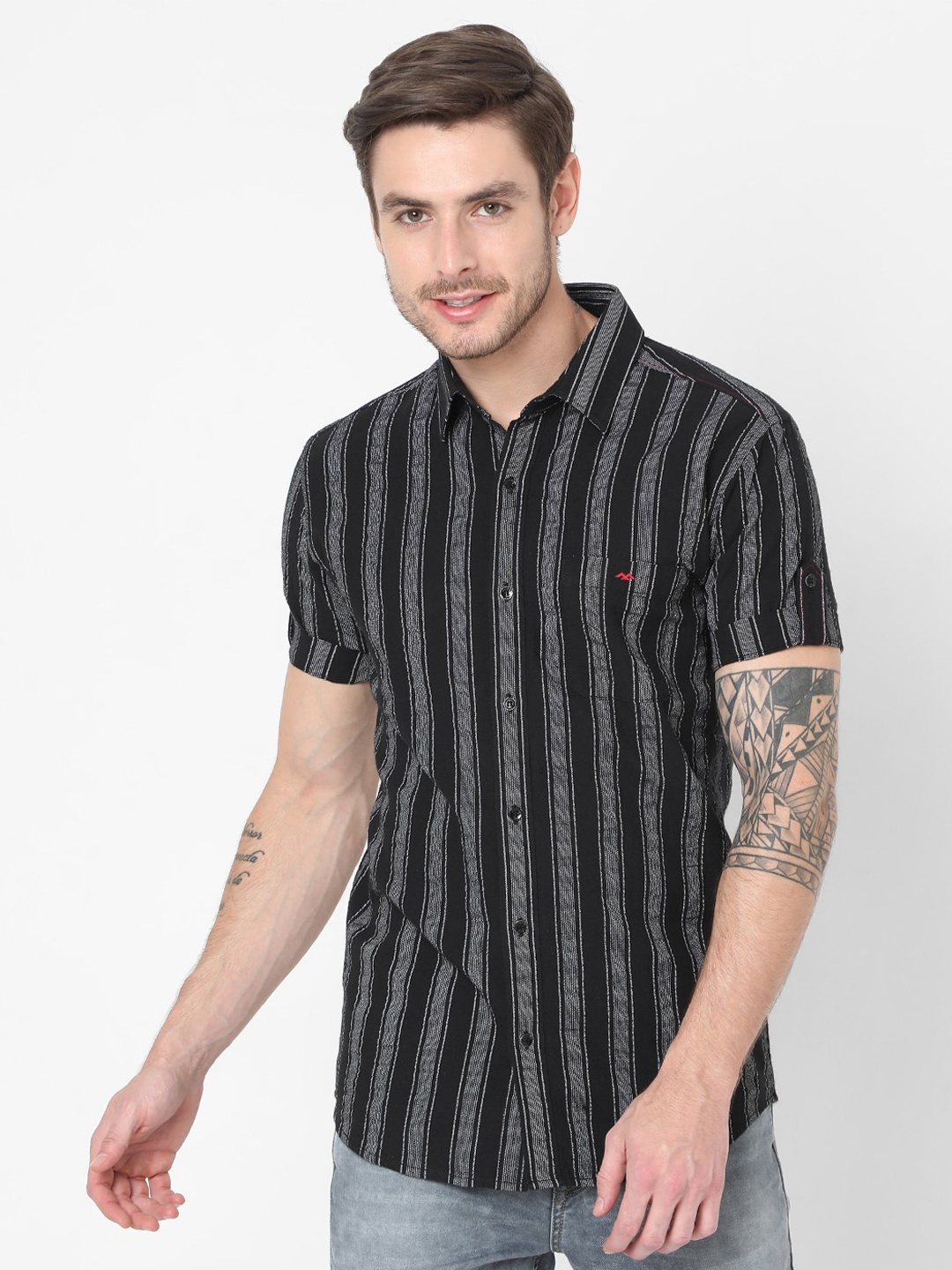 

Mufti Men Black Slim Fit Striped Casual Shirt