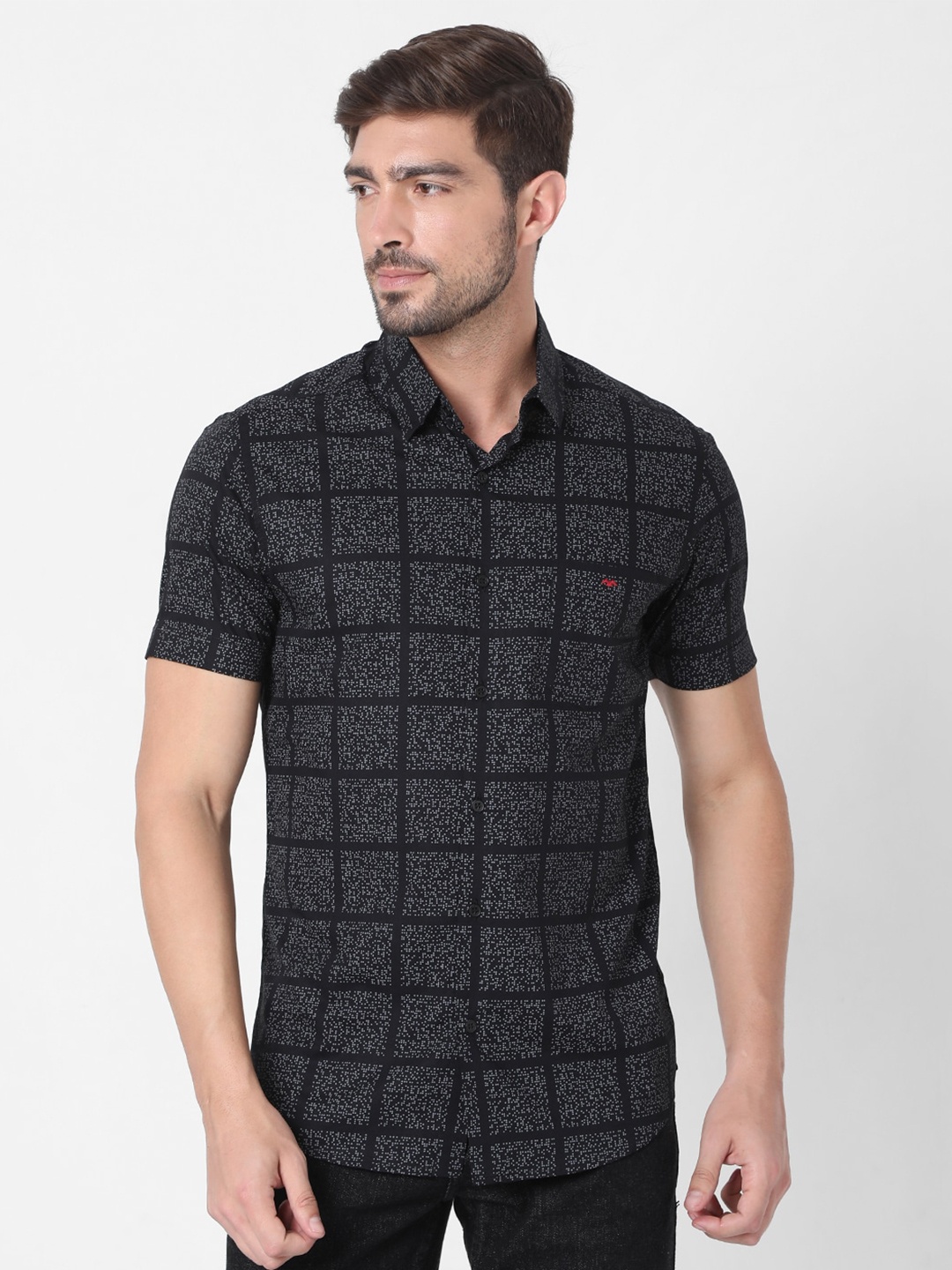 

Mufti Men Black Slim Fit Windowpane Checks Checked Cotton Casual Shirt