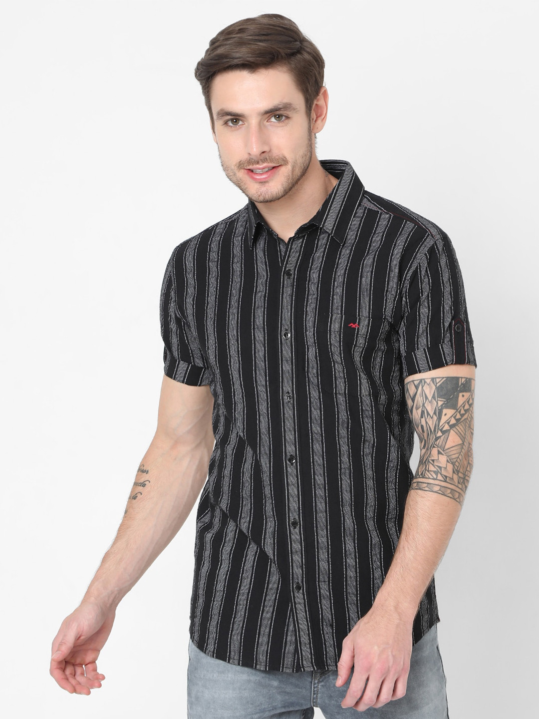 

Mufti Men Black Slim Fit Striped Pure Cotton Casual Shirt