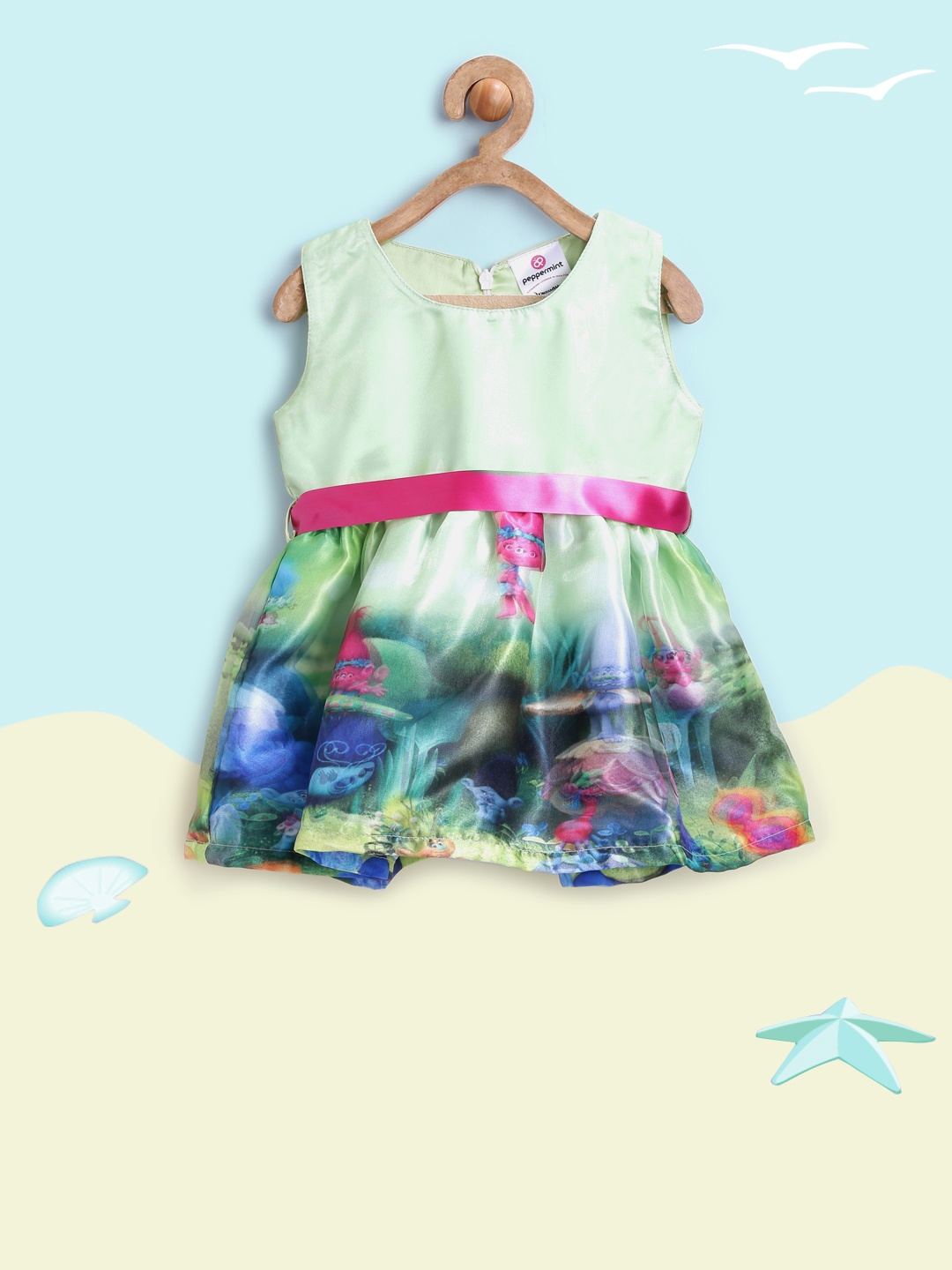 

Peppermint Dreamworks Trolls Girls Green Printed Fit & Flare Dress
