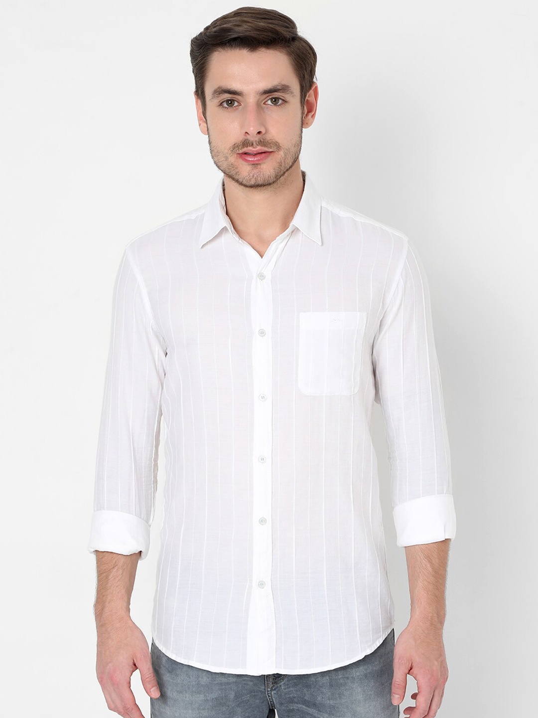 

Mufti Men White Slim Fit Striped Pure Cotton Casual Shirt