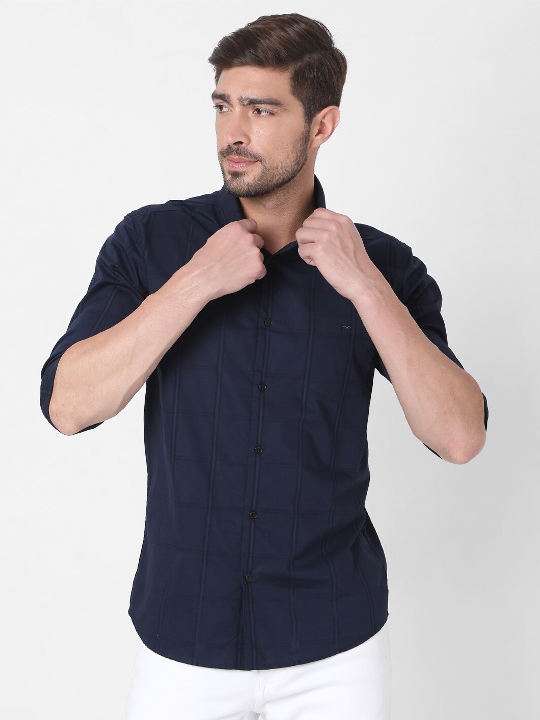 

Mufti Men Navy Blue Slim Fit Checked Cotton Casual Shirt
