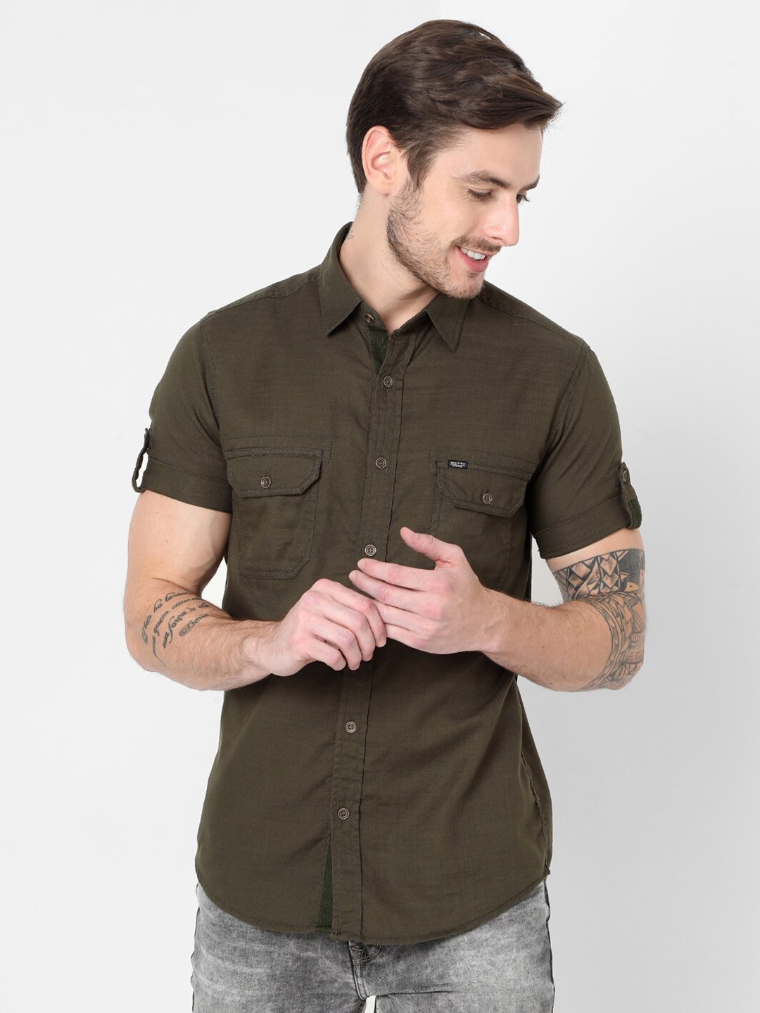 

Mufti Men Plus Size Olive Green Slim Fit Cotton Casual Shirt
