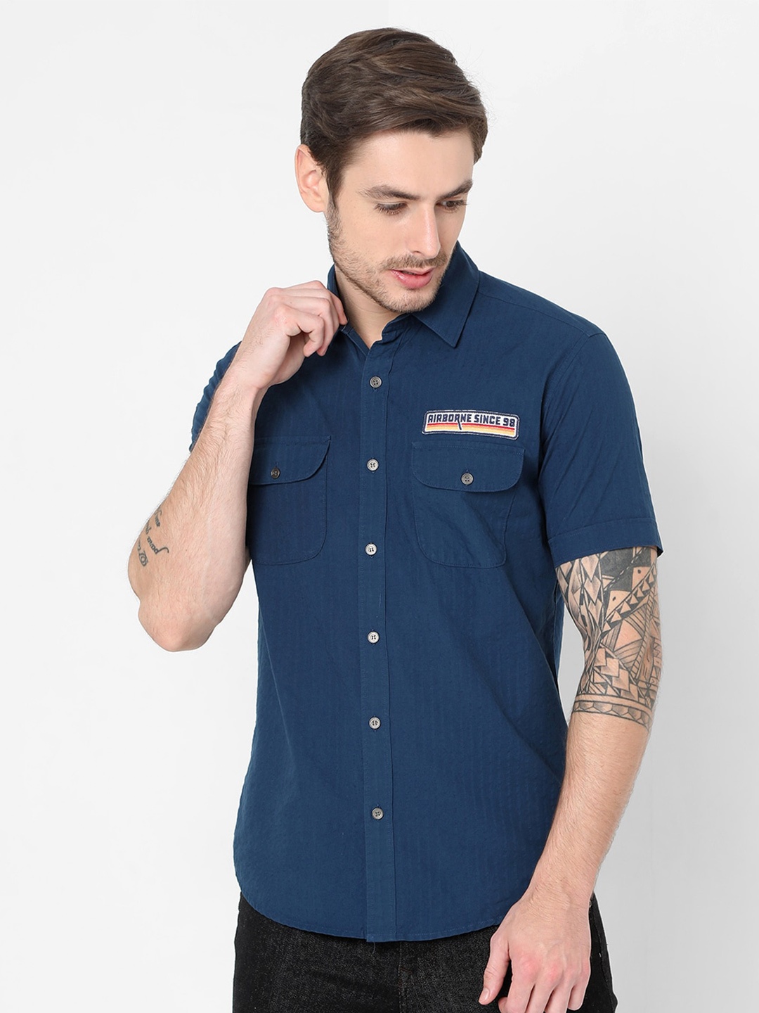 

Mufti Men Navy Blue Slim Fit Cotton Casual Shirt