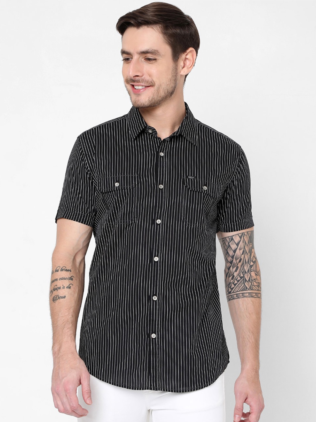 

Mufti Men Black Slim Fit Striped Cotton Casual Shirt
