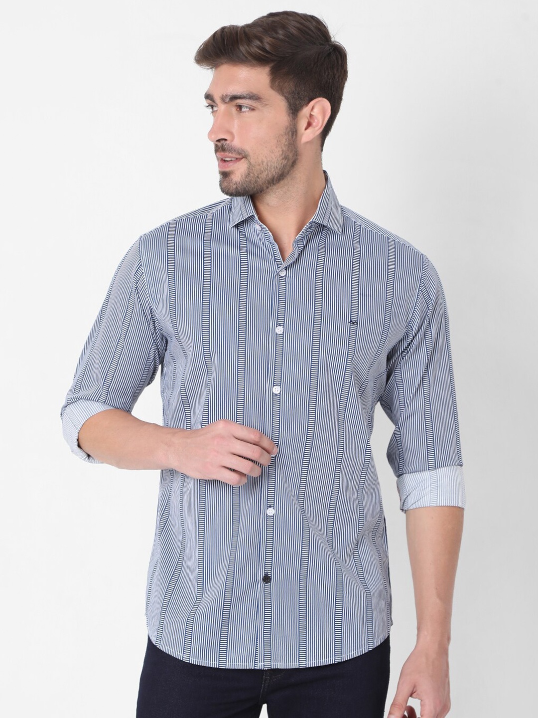 

Mufti Men Blue Slim Fit Striped Pure Cotton Casual Shirt