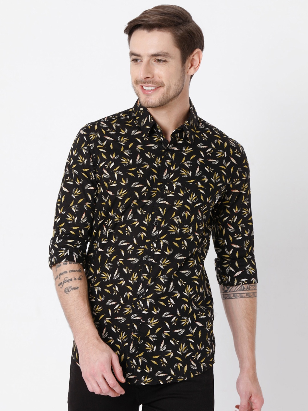 

Mufti Men Plus Size Black Slim Fit Floral Printed Cotton Casual Shirt