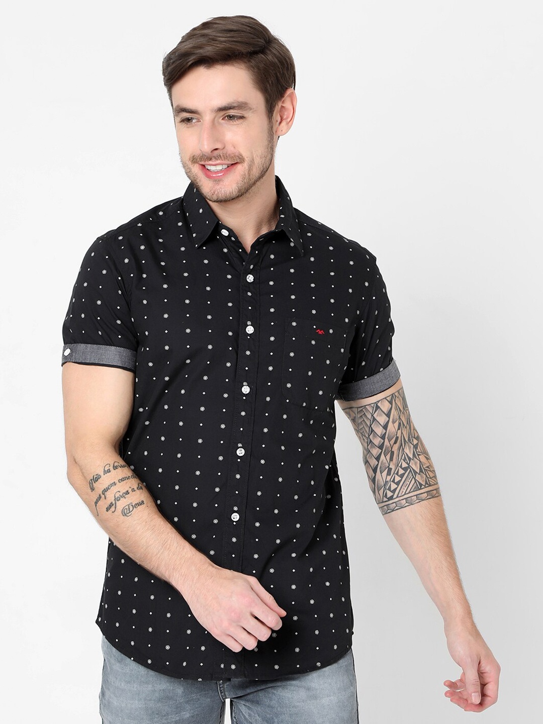 

Mufti Men Black Plus Size Micro Ditsy Slim Fit Printed Cotton Casual Shirt