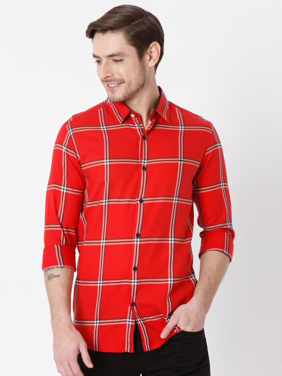 

Mufti Men Plus Size Red Slim Fit Windowpane Checks Checked Casual Shirt
