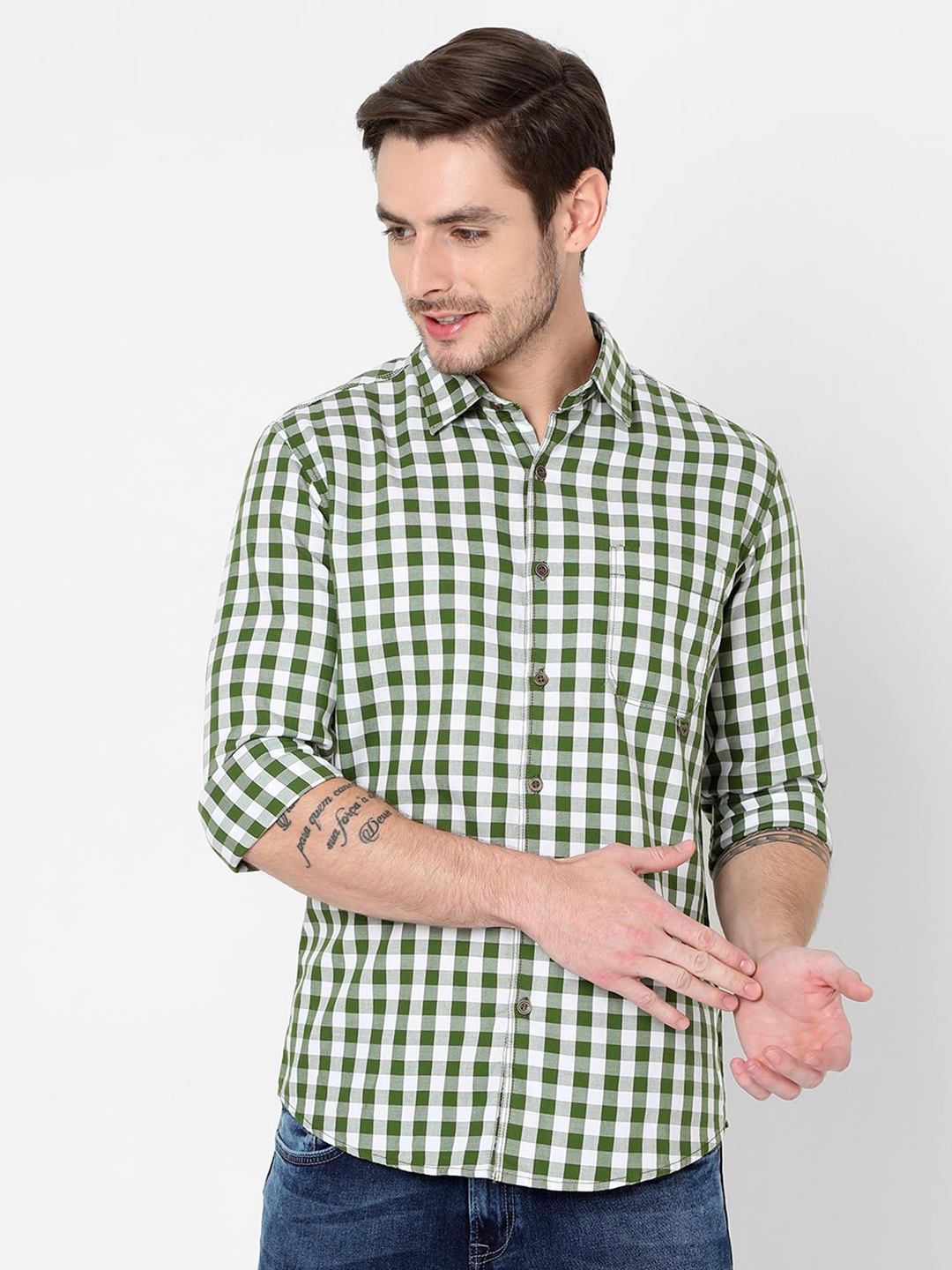 

Mufti Men Green Slim Fit Gingham Checks Checked Casual Shirt