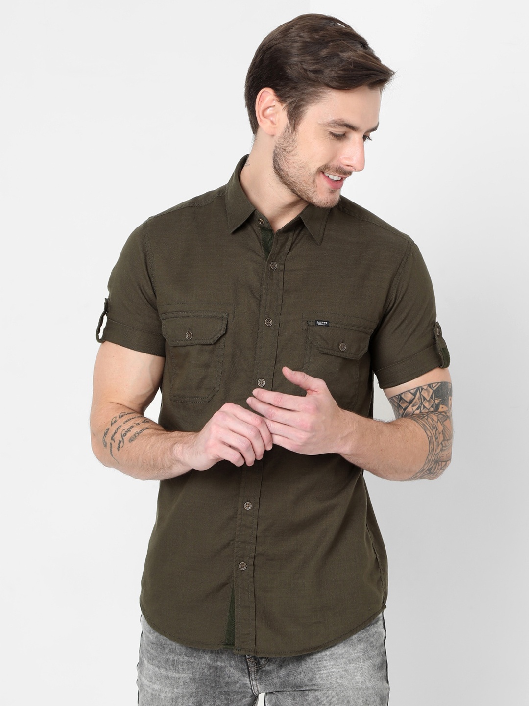 

Mufti Men Olive Green Slim Fit Cotton Casual Shirt
