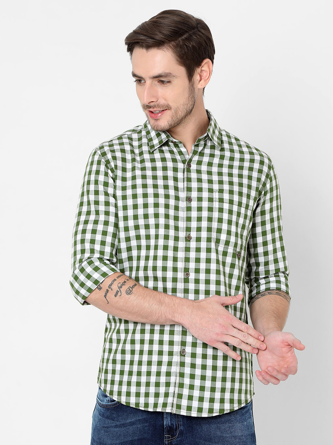 

Mufti Men Green Slim Fit Gingham Checks Checked Cotton Casual Shirt
