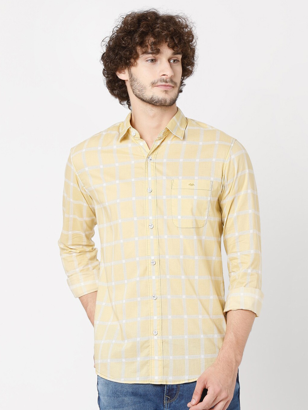 

Mufti Men Yellow Slim Fit Windowpane Checks Checked Casual Shirt