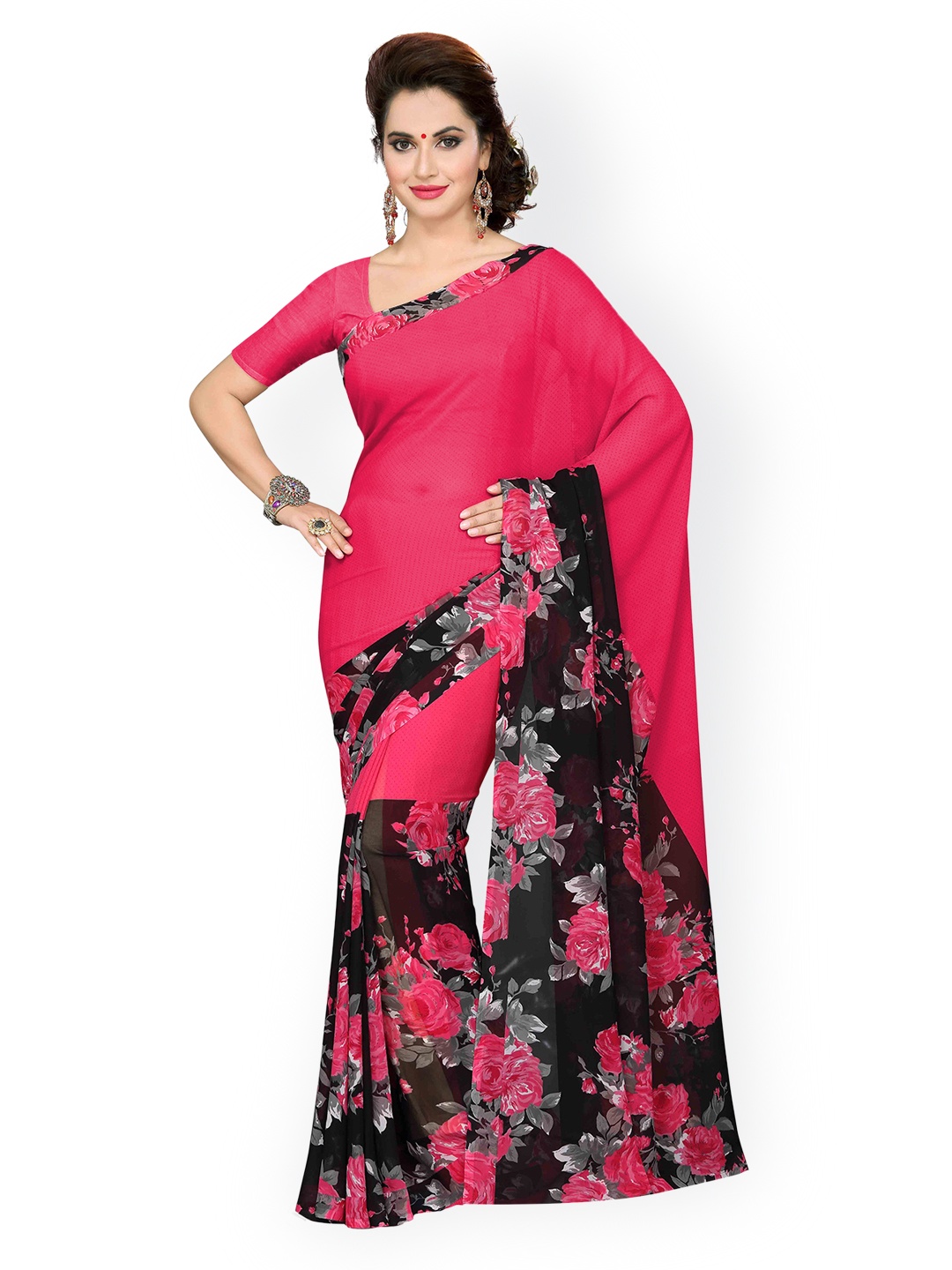 

Ishin Pink & Black Faux Georgette Floral Print Saree