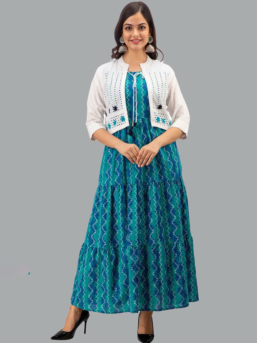 

KALINI Women Sea Green Leheriya Printed Flared Cotton Anarkali Kurta