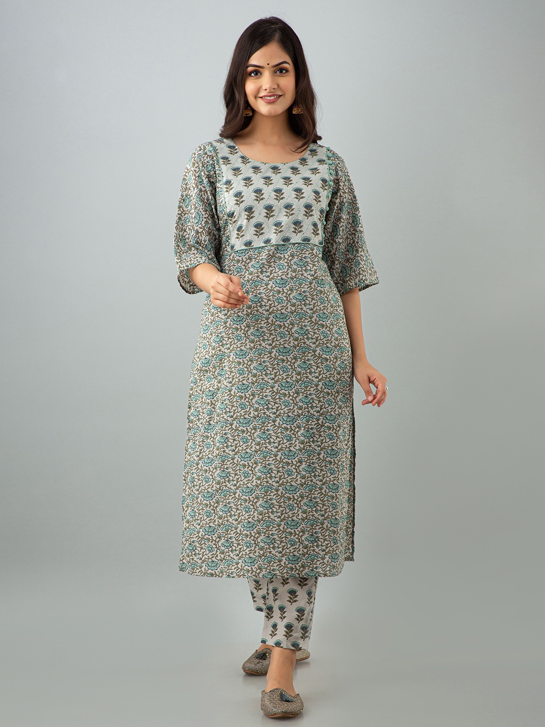 

KALINI Women Green & Beige Floral Printed Pure Cotton Kurta with Trousers