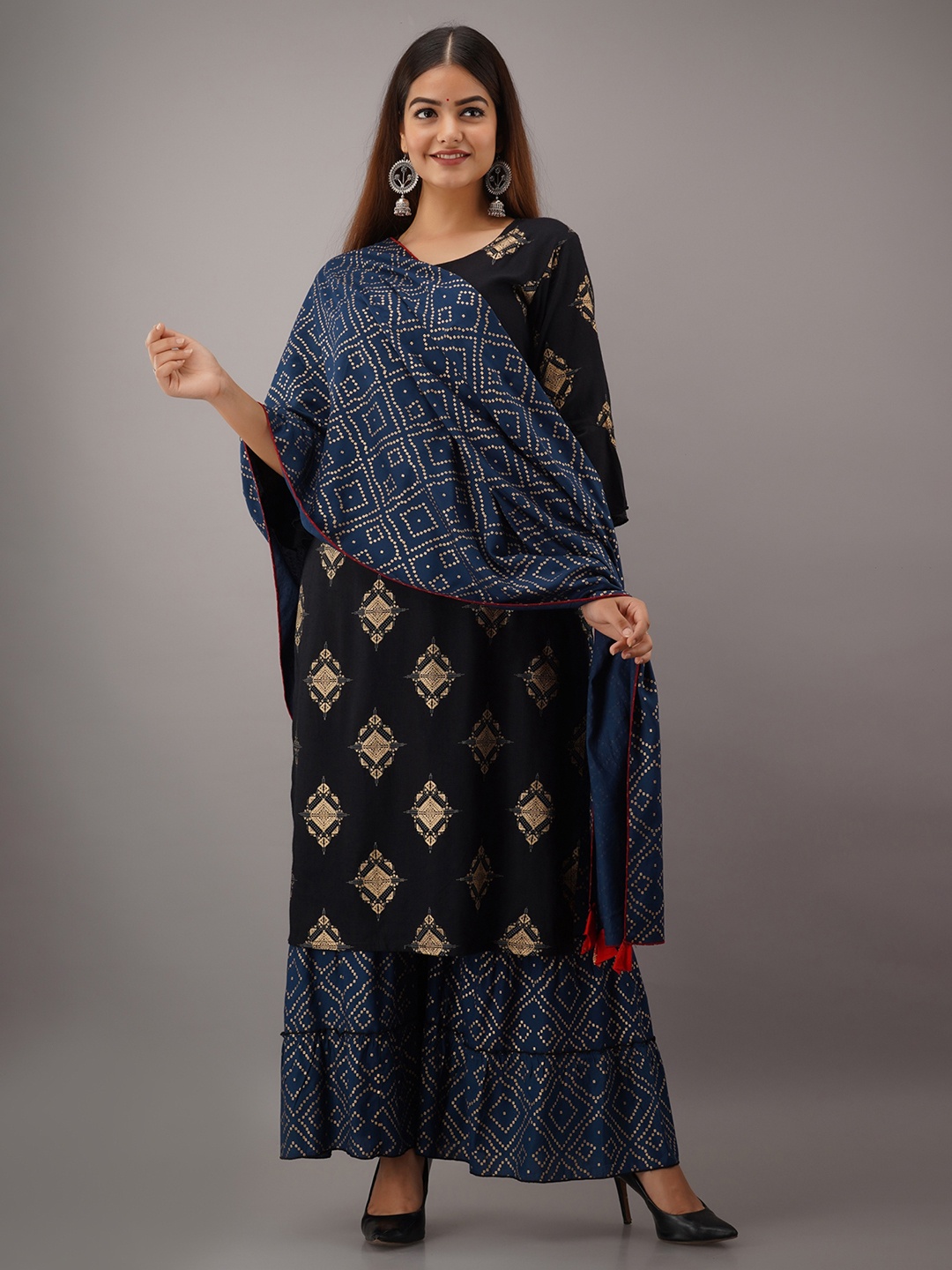 

KALINI Women Black Ethnic Motifs Printed Kurta with Palazzos & With Dupatta