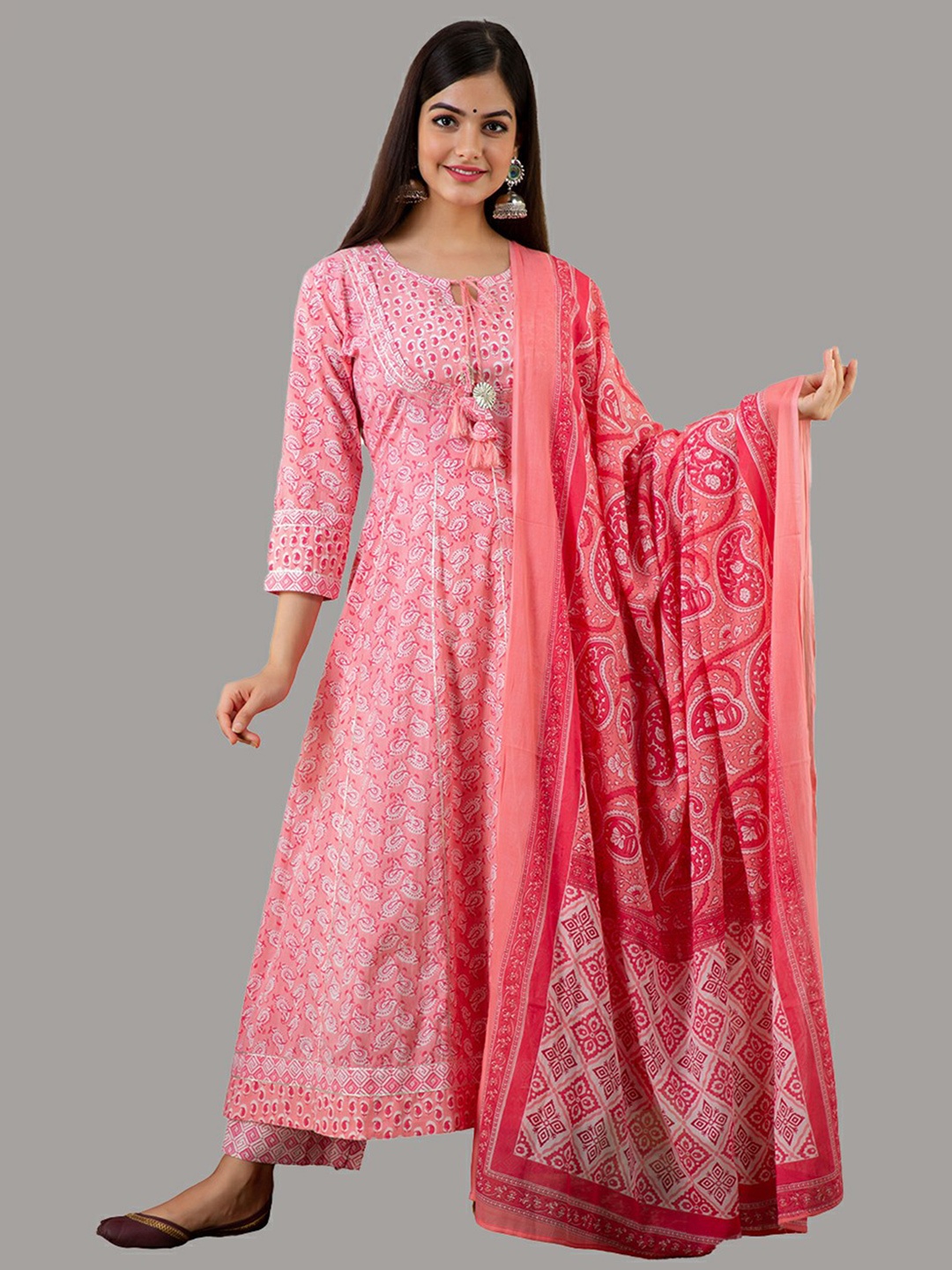 KALINI Women Pink & White Ethnic Motifs Printed Pure Cotton Kurta with Trousers & Dupatta