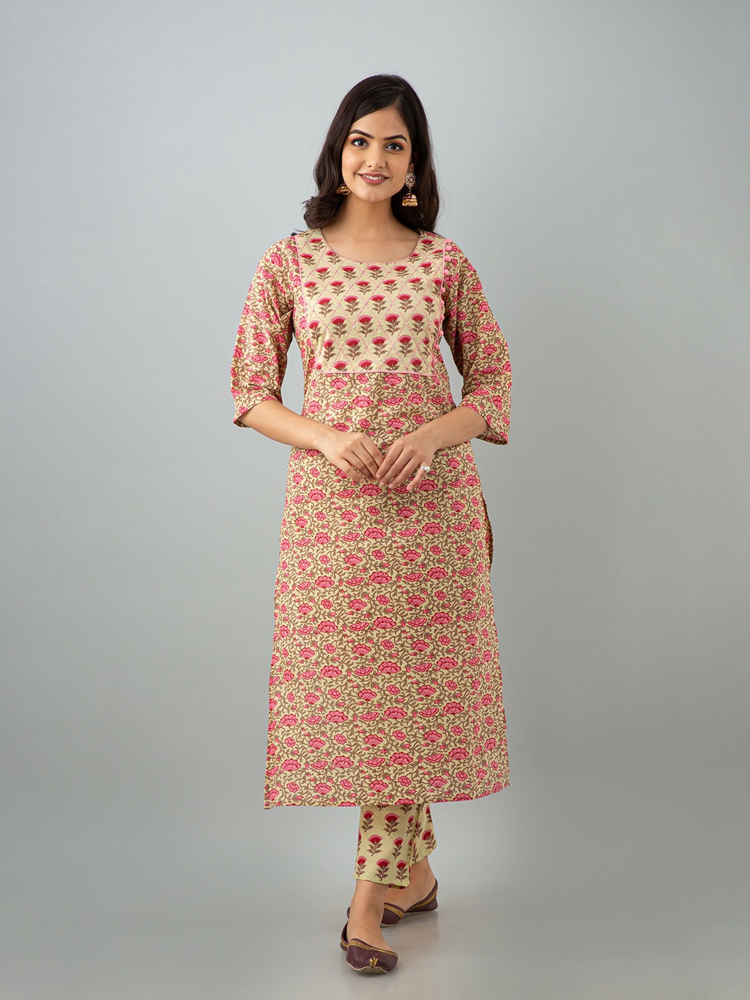 

KALINI Women Pink Ethnic Motifs Printed Pure Cotton Kurta with Trousers