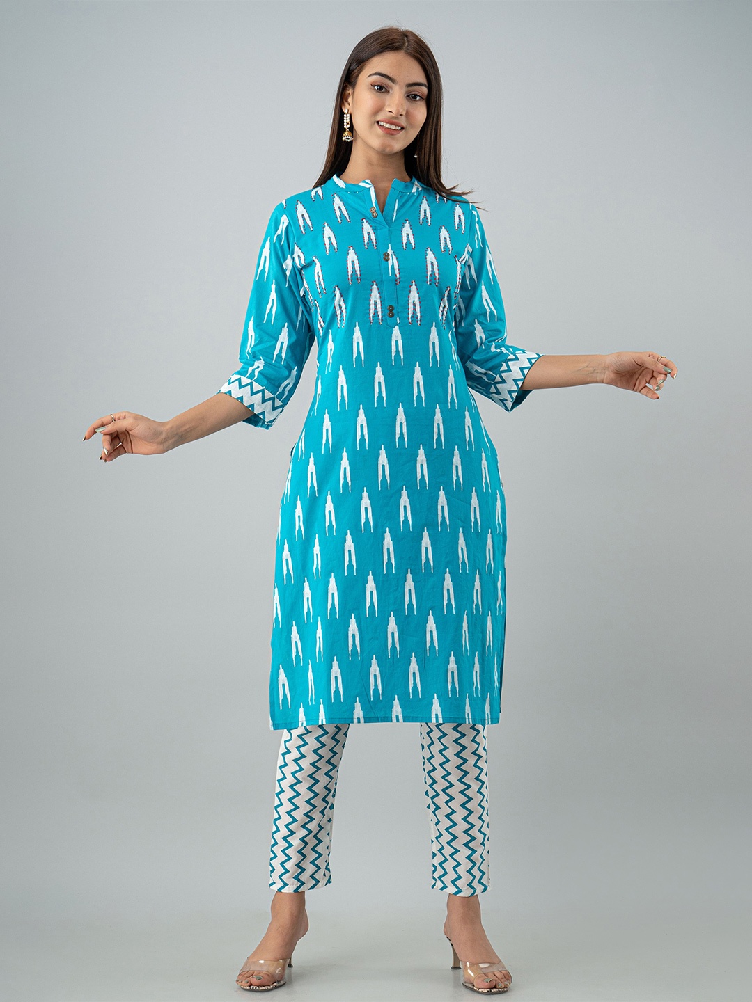 

KALINI Women Turquoise Blue Printed Pure Cotton Kurta with Trousers