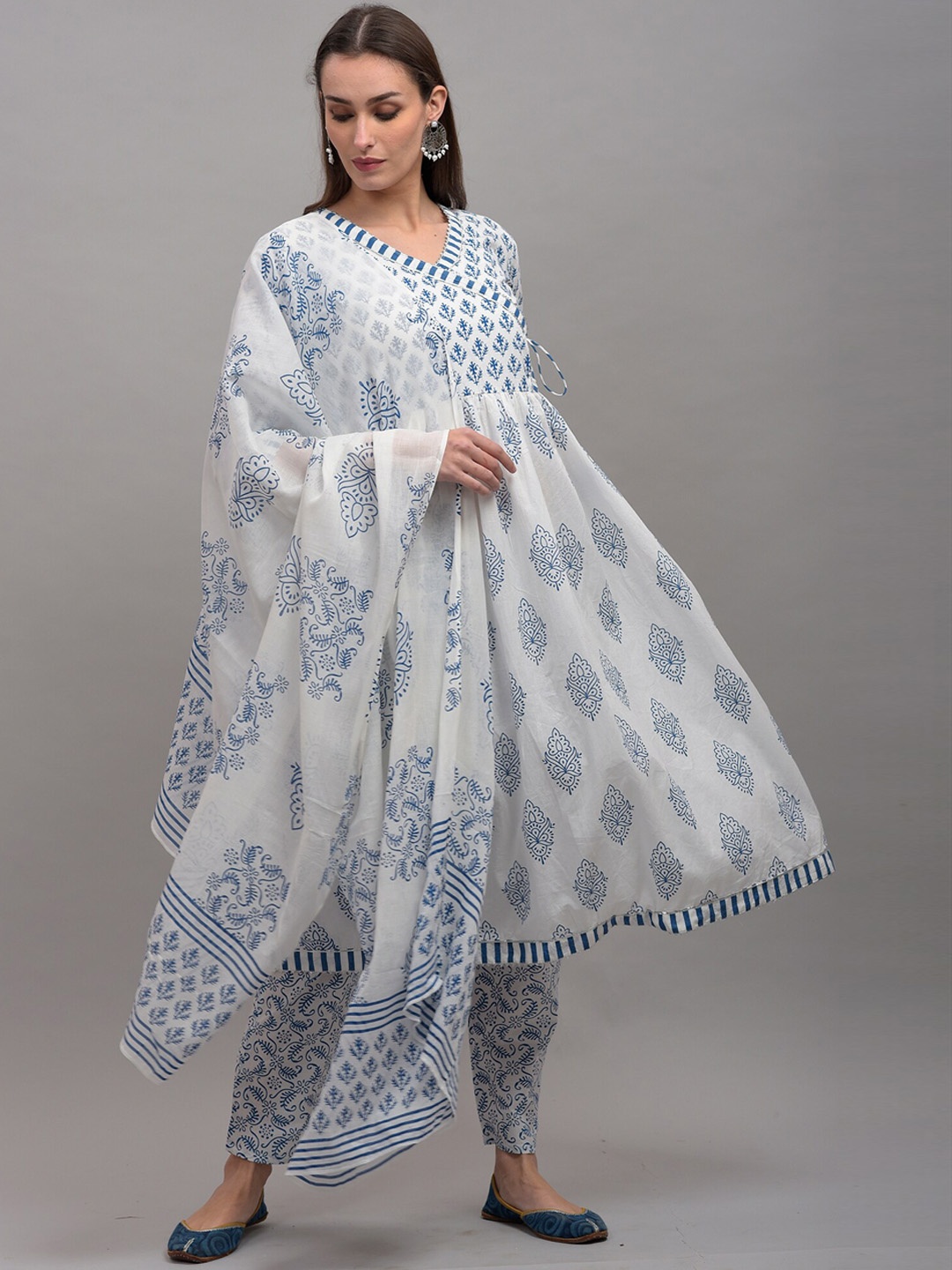 

KALINI Women Blue Printed Empire Pure Cotton Anarkali with Trouser & Dupatta