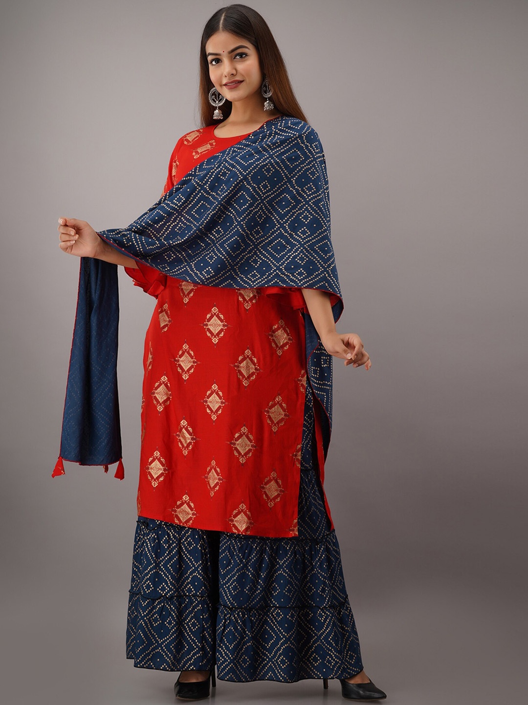 KALINI Women Red & Blue Ethnic Motifs Printed Kurta with Sharara & Dupatta
