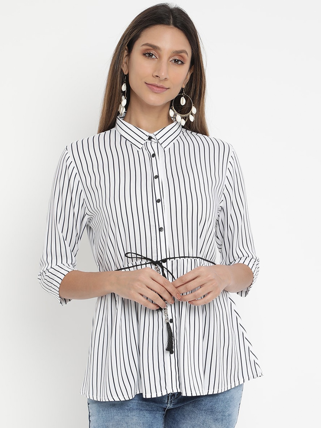 

V2 Value & Variety White & Black Striped Shirt Style Top