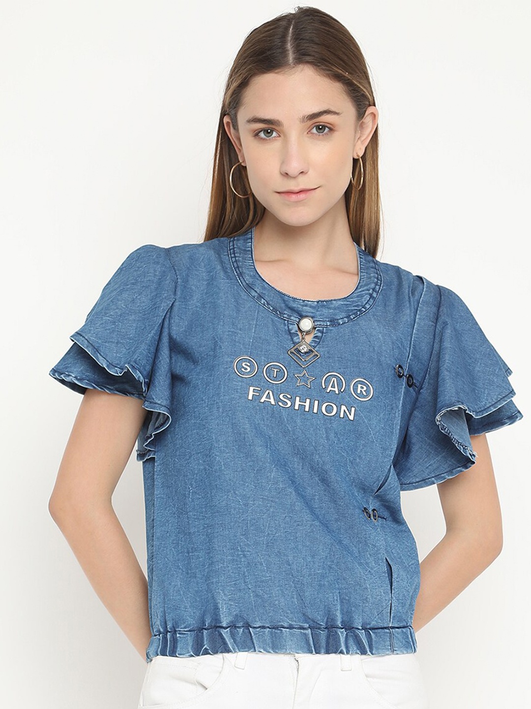 

V2 Value & Variety Blue Printed Denim Top