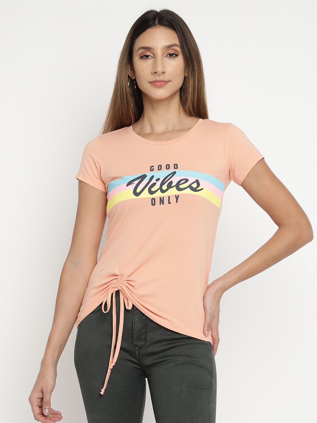 

V2 Value & Variety Peach-Coloured Print Top