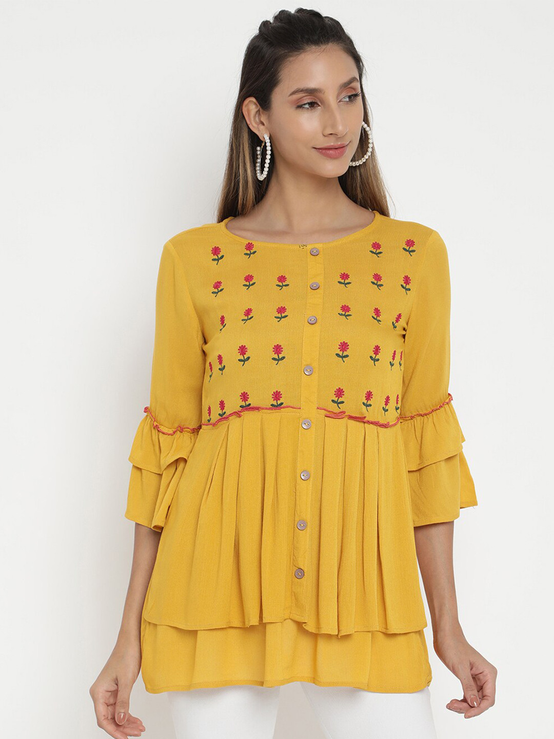 

V2 Value & Variety Mustard Yellow Floral Embroidered Regular Fit Longline Top