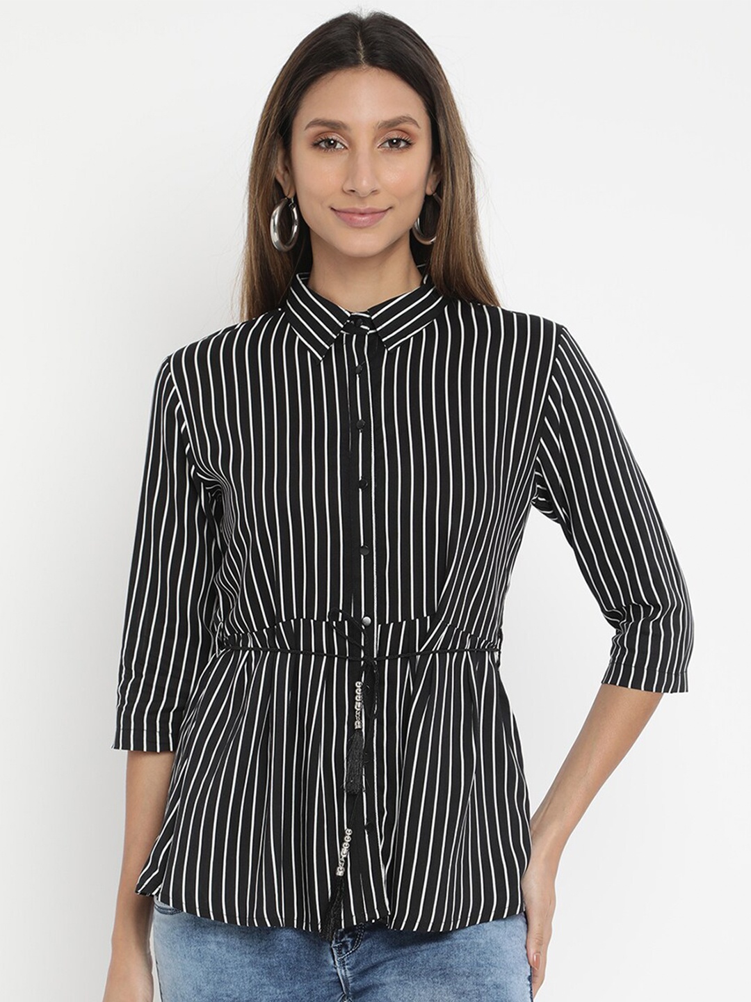 

V2 Value & Variety Black & White Striped Monochrome Shirt Style Belted Top