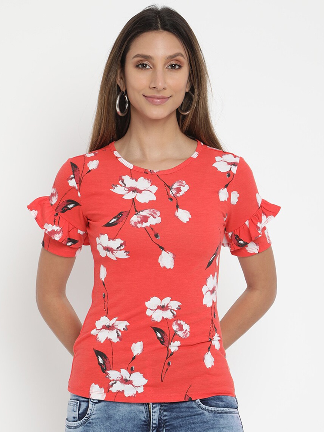 

V2 Value & Variety Women Red Cotton Floral Printed Top