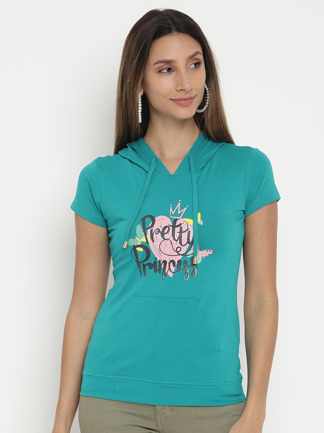 

V2 Value & Variety Green Printed Hooded Pure Cotton Top