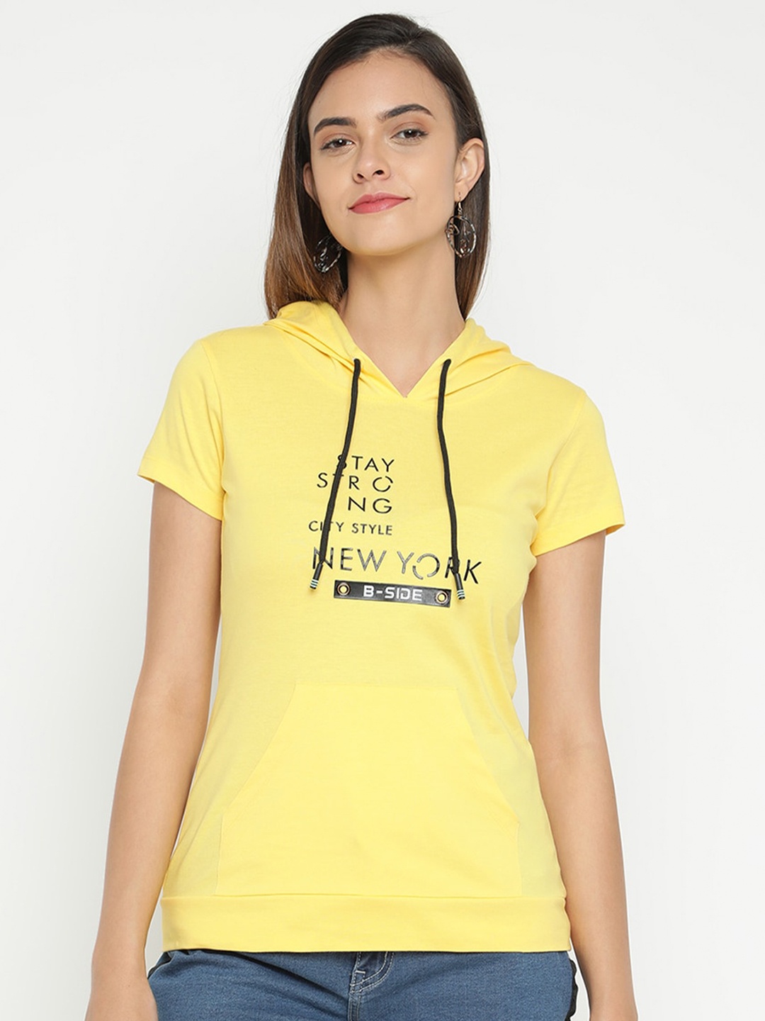 

V2 Value & Variety Women Yellow Cotton Printed Hooded Top