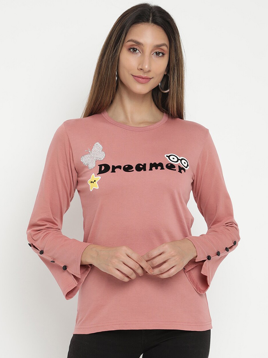 

V2 Value & Variety Peach-Coloured Typography Printed Pure Cotton Regular Top