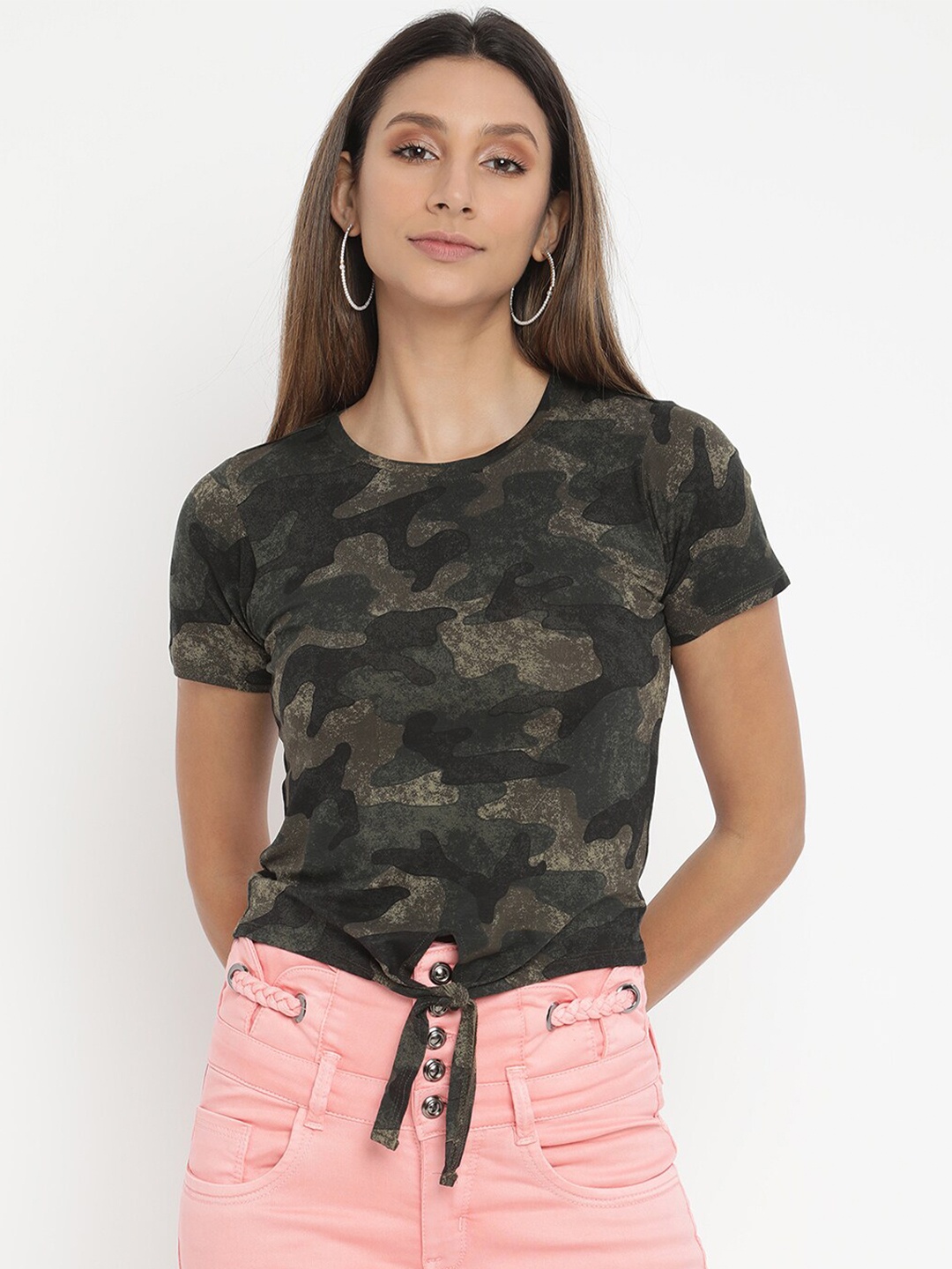 

V2 Value & Variety Women Olive Green Printed Knot-Detail Pure cotton Top