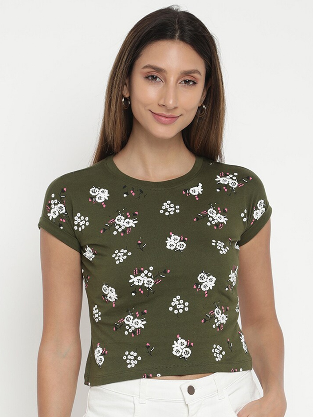 

V2 Value & Variety Olive Green & White Floral Print Extended Sleeves Pure Cotton Top