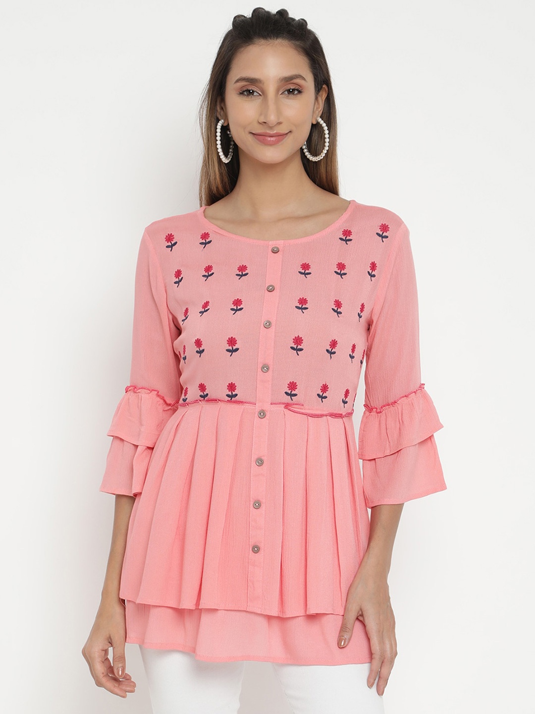 

V2 Value & Variety Peach Floral Embroidered Regular Fit Longline Top