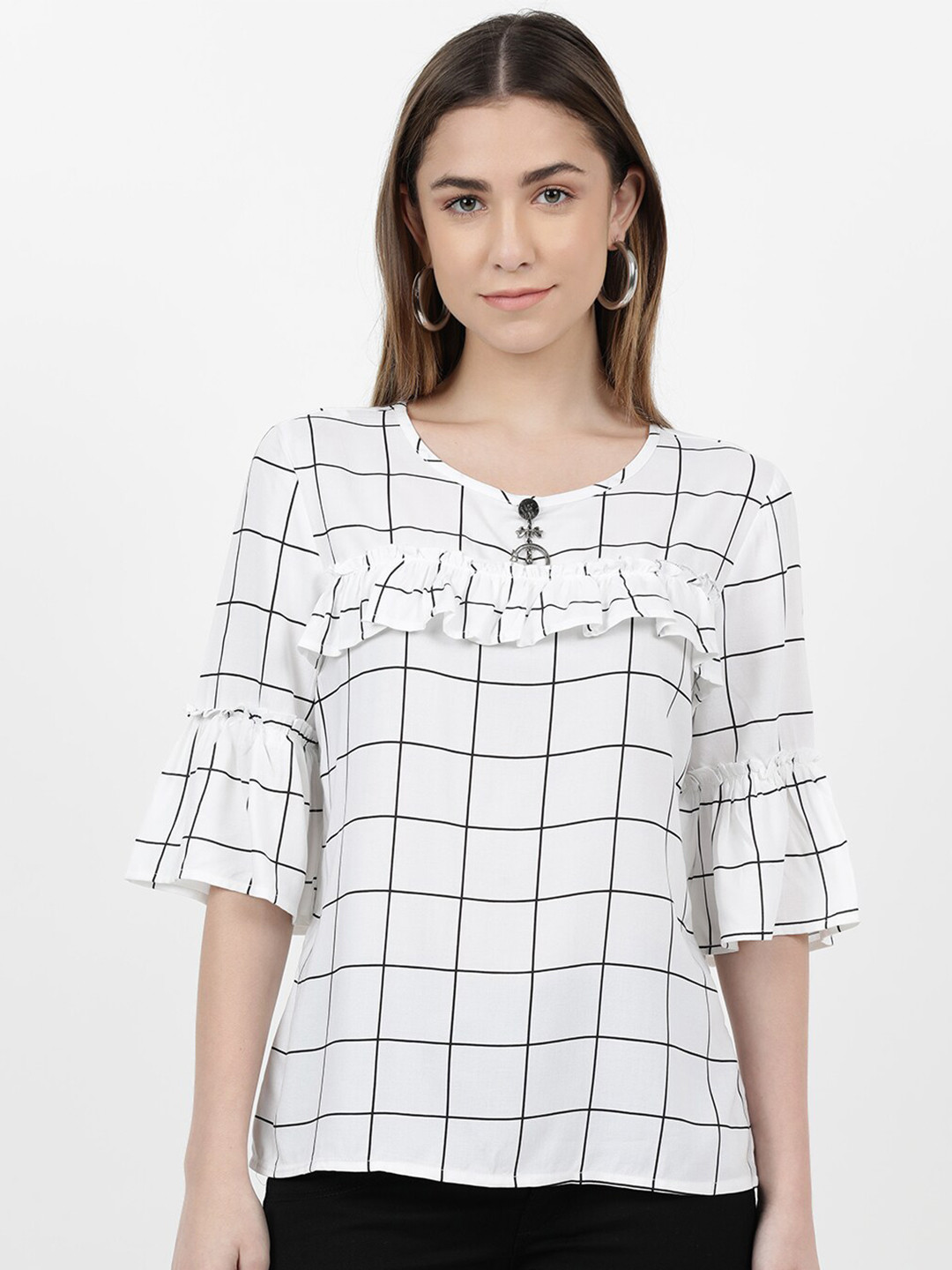 

V2 Value & Variety White & Black Checked Top