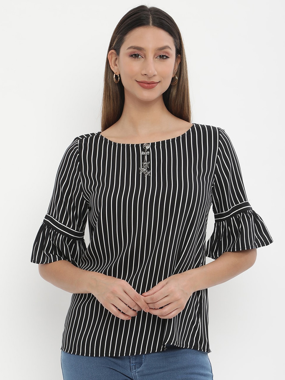 

V2 Value & Variety Women Black Striped Regular Top