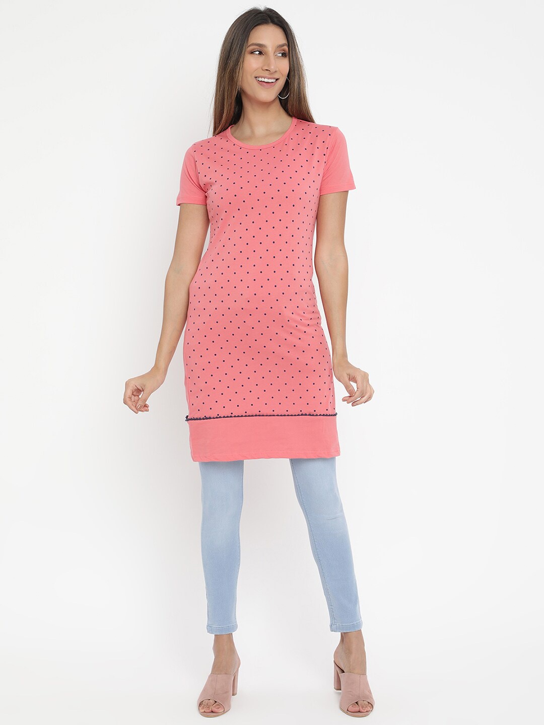 

V2 Value & Variety Women Coral Polka Dots Printed Pure Cotton Longline Top
