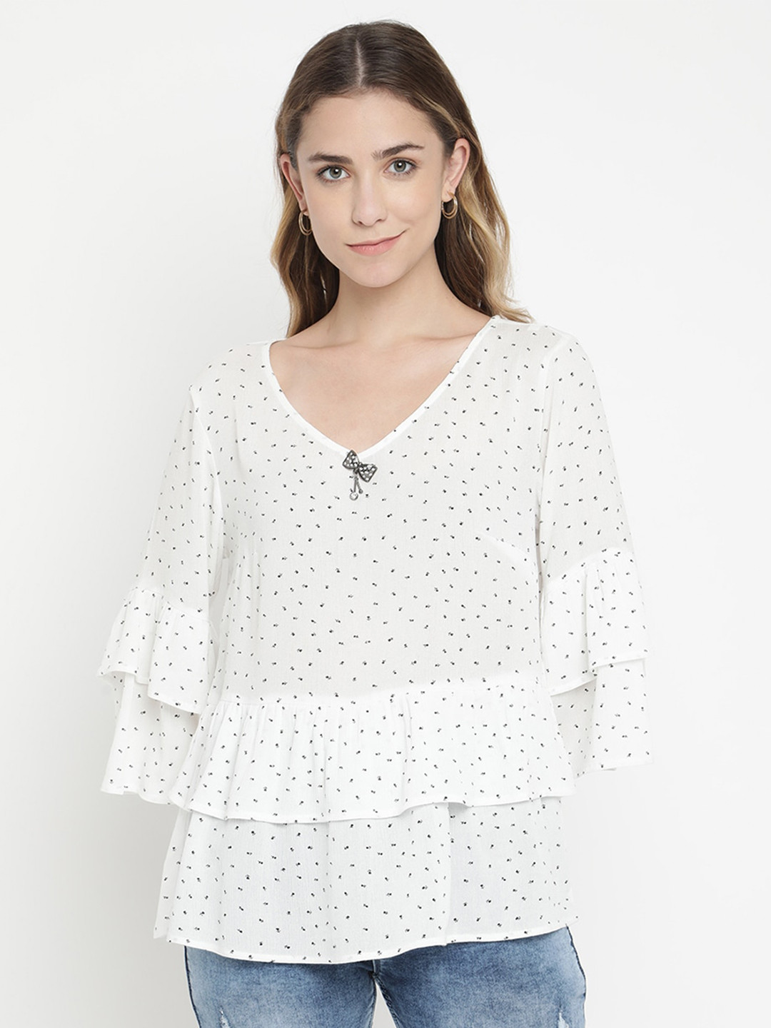 

V2 Value & Variety White Micro Ditsy Printed Top