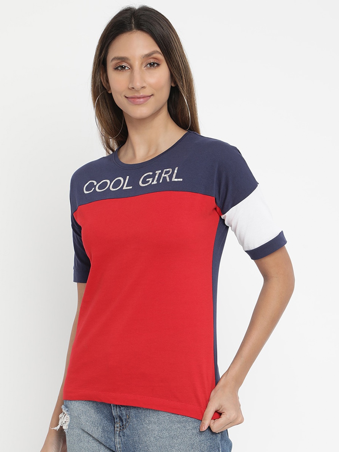 

V2 Value & Variety Red & Blue Colourblocked Extended Sleeves Pure Cotton Top